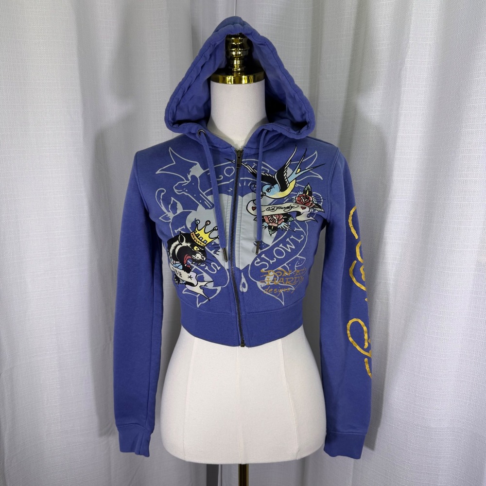 Ed Hardy Cropped Zip Hoodie Womens Small Blue Love Kills Slowly Tattoo Graphic